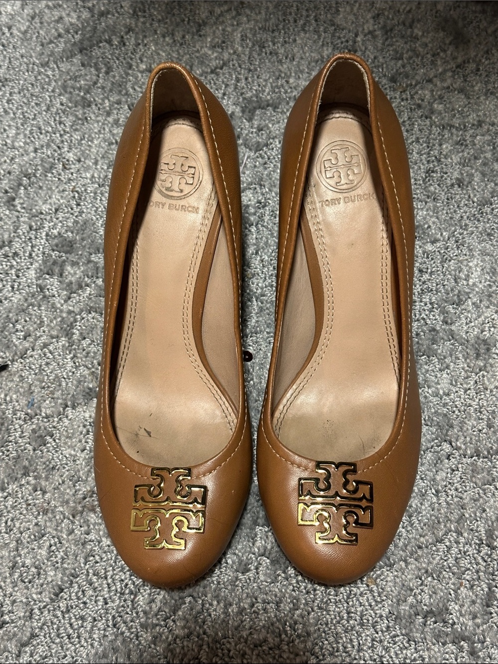Tory Burch Cognac Leather Logo Round-Toe Flats
